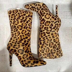 Zara Leopard Print Calf Hair Mid Calf Stiletto Pointed Toe Boots Brown Black | 8